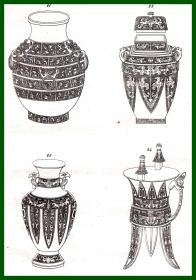 【中国古代青铜器】1837年铜版画《青铜礼器：酒器（饮酒器与盛酒器）》（Vases）-- 中国是酒文化的发祥地，谷类酿成酒，始于殷；而用来盛酒的青铜器皿也盛行此时，殷商时代的青铜酒器形制丰富多样、造型独具匠心、美轮美奂 -- 古代青铜酒器主要包括：尊（樽，大中型盛酒器）、壶（盛酒器和水器）、觚（用于饮酒的容器）、觯（古代饮酒器）、斝（温酒器）、青铜爵（饮酒器的总名）等 -- 版画纸张21*13厘米