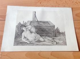 【丢勒】1887年铜凹版腐蚀版画《躺卧的泉源仙女》（QUELLNYMPHE：Der Brunnen des Lebens）-- 出自德国文艺复兴美术巨匠，阿尔布雷特·丢勒（Albrecht Dürer，1471-1528）的绘画作品 -- 德国莱比锡艺术画廊出版 -- 版画纸张28*19厘米