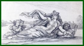 19世纪铜版蚀刻版画《风景与神话的结合：多瑙河女神》（Die Donau）-- 出自19世纪著名奥地利浪漫主义画家，莫里兹·冯·施温德（Moritz Von Schwind，1804-1871）作于1860年的油画，藏于德国慕尼黑新绘画陈列馆 -- 维也纳艺术画廊出版 -- 后附卡纸30*21厘米，版画纸张20*11厘米