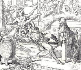 1886年木刻版画《骑士之梦》（Der Traum ein Leben）-- 取材19世纪奥地利诗人，弗朗茨·格里帕泽（Franz Seraphicus Grillparzer，1791-1872）作于1834年的诗歌《幻梦人生》，鲁斯坦在梦中的种种经历使他认识到，大人物是危险的，荣耀不过是空虚的玩耍，而欲望只能给他带来罪愆 -- 奥地利维也纳艺术画廊出版 -- 版画纸张39*29厘米