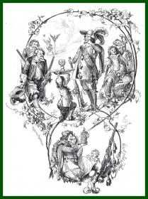 19世纪木刻版画《门采尔素描作品：通行证》（Vignette aus dem "Schutzenbriefe"）-- 出自德国19世纪最伟大画家，阿道夫·冯·门采尔（Adolph Von Menzel）绘画作品 -- 后附卡纸30*21厘米，版画纸张18*13厘米