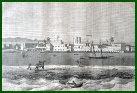 1857年木刻版画《风景画：圣路易港（西非最古老的海港）》（SAINT-LOUIS SENEGAL）-- 圣路易位于塞内加尔河河口恩达尔岛上，是西非最古老的海港，建于1659年 --《环游世界》-- 版画纸张28*19厘米