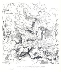 1882年雕刻版画《风景画： 罗马郊外的罗卡·圣斯特凡诺峡谷》（UN RAVIN PRES ROCCA SAN STEFANO（CAMPAGNE DE ROME））-- 出自法国画家，Théodore Claude Félix Caruelle d' Aligny（1798–1871）的绘画作品 -- 《法国艺术精选》-- 版画纸张43*30厘米