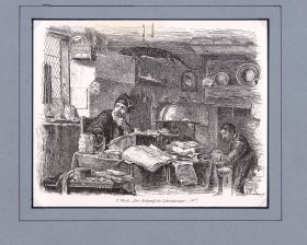 1887年木刻版画《炼金术士在实验室》（Der Alchymist im Laboratorium）-- 出自17世纪佛兰芒（今比利时）画家，Thomas Wyck（1616–1677）的绘画作品 -- 维也纳艺术画廊出版 -- 版画19*15.5厘米，手工裱粘，纸张尺寸34*25厘米