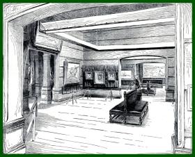 19世纪木刻版画《建筑透视图：画廊》（PICTURE GALLERY，LOOKING WEST FROM CENTRE）-- 后附卡纸30*21厘米，版画纸张18*14.5厘米