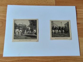 【G767】1903年书页木刻一张两幅《庚子事变：八国联军日本士兵在北京：筹粮和巡逻》（japaner versuchen proviant zu beschaffen）（japanische patrouille in den straszen pekings）-- 后附卡纸30*21厘米