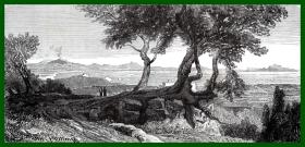 19世纪木刻版画《风景画：那不勒斯湾的卡玛尔迪斯修道院》（GOLFE DE NAPLES，VUE DES CAMALDULES）-- 卡玛尔迪斯修道院坐落在那不勒斯湾的一座小岛上，建于公元11世纪 -- 后附卡纸30*21厘米，版画纸张21*11厘米
