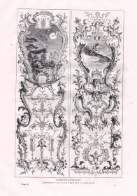 1877年木刻版画《木雕墙饰图案设计》（PANNEAUX DECORATIFS）-- 出自18世纪法国画家、建筑师，Francois de Cuvillies the Elder（1695–1768）的设计作品；雕刻师C.A.DE LESPILLIEZ -- 《法国艺术精选》-- 版画纸张43*30厘米