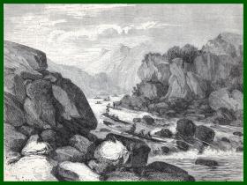 19世纪木刻版画《风景画：安第斯山脉的瀑布与溪流，秘鲁》（Depart de Chahuaris）-- 后附卡纸30*21厘米，版画纸张17*13.5厘米