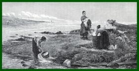 19世纪木刻版画《风景画：夕阳海岸》（A wee before the sun gaed doon）-- 出自著名美国海景画家，爱德华·莫兰（Edward Moran，1829-1901）的油画作品 -- 后附卡纸30*21厘米，版画纸张19*10.5厘米