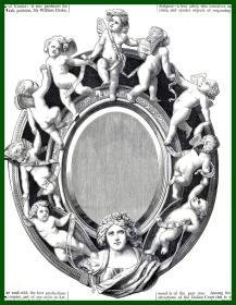 19世纪木刻版画《艺术瑰宝：天使之镜》（THE INTERNATIONAL EXHIBITION，The carved MIRROR FRAME is the word of V.BESAREL）-- 《1851年英国伦敦第一届世博会》展品精选 -- 版画纸张32*24厘米