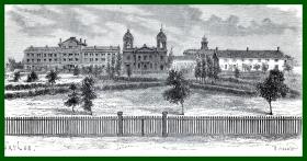 19世纪木刻版画《美国知名大学建筑景观：圣塔克拉拉大学（美国西海岸最古老的高等教育机构），美国加利福尼亚州》（Le college des jesuites de Santa Clara）-- 圣塔克拉拉大学是美国著名高等学府，于公元1851年成立于加州圣塔克拉拉市，是加州硅谷的心脏地带，前身为教会所创办的圣塔克拉拉学院 -- 后附卡纸30*21厘米，版画纸张17.5*10厘米