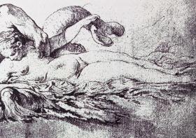 1880年锌版画《特里同与海中仙女》（Ein Triton mit einer Nereide）-- 出自巴洛克早期代表人物，保罗·鲁本斯（Paul Rubens）的油画草图 -- 特里同是古希腊神话中海之信使，海王波塞冬和海后安菲特里忒的儿子，表现为一个人鱼的形象，上半身是人型带着一条鱼的尾巴 -- 维也纳艺术画廊出版 -- 后附卡纸30*21厘米，版画纸张18*12厘米