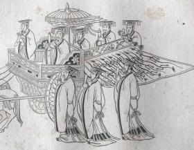 【中国内容版画35】1837年铜版画《龙辇图：古代天子座驾》（Wagen des Kaiser）-- 注：根据中国古代的周礼规定，皇帝（天子）座驾为六匹马拉的两轮马车，即著名的“天子驾六”；在中国两千多年的历史长河中，天子驾六还是驾四长期存在争议，从汉朝以来在学术界就争论不休 -- 本版画因其所处年代，采纳了“天子驾四”的说法，“天子驾六”直到21世纪初才被考古界证实 -- 版画纸张21*13厘米