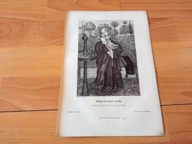 1867年木刻版画《喷泉旁的母子》（Madonna）-- 出自15世纪（文艺复兴早期）弗拉芒著名画家，许贝特·范艾克（Hubert van Eyck，约1385-1426年）的油画作品，他的生平资料极少，他的画作已经失传，但现在位于根特的祭坛画突出表现了他的创作风格 -- 德国莱比锡艺术画廊出版 -- 版画纸张28*19厘米，背后空白