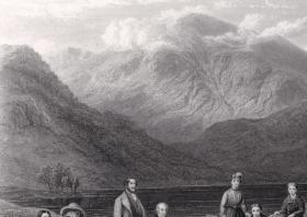 1886年钢版画《风景画：英伦湖区的湖光山色》（DRAWING THE NET AT HAWESWATER）-- 出自英国风景画家，Jacob Thompson（1806–1879）的绘画作品 -- 雕刻师：J.C.ARMYTAGE -- 选自《当代艺术精选》-- 版画纸张36.5*26厘米