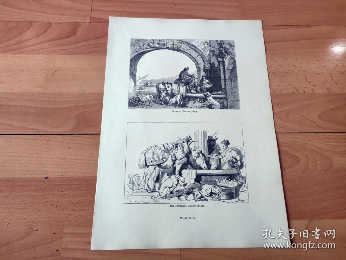 19世纪木刻版画《兰德希尔作品两幅：日内瓦风光与日内瓦的喷泉》（SCENE AT GENEVA；THE FOUNTAIN：GENEVA）-- 出自英国维多利亚时期著名画家，埃德温·兰德希尔爵士（Edwin Landseer，1802-1873）的绘画作品 -- 版画纸张36.5*26.5厘米