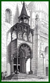 19世纪木刻版画《文艺复兴建筑艺术瑰宝：圣玛丽亚·马焦雷大教堂的北侧门廊，意大利贝尔加莫》（NORTH PORCH OF STA MAGGIORE，BERGAMO）-- 贝尔加莫的圣玛丽亚·马焦雷大教堂建于1137年，是建在一座8世纪神庙的遗址上 -- 后附卡纸30*21厘米，版画纸张17.5*11厘米