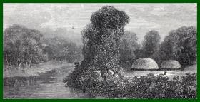 19世纪木刻版画《风景画：帕奇里河风光》（Riviere de Pachiri）-- 后附卡纸30*21厘米，版画纸张17*9.5厘米