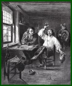 19世纪木刻版画《酒鬼》（Die Zecher）-- 出自17世纪荷兰黄金时代画家，亚伯拉罕·迪普兰（Abraham Diepraam，1622–1670）的绘画作品 -- 后附卡纸30*21厘米，版画纸张22*19厘米