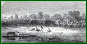 19世纪木刻版画《风景画：安第斯山脉下的香蕉园》（La case aux bananiers）-- 后附卡纸30*21厘米，版画纸张17*9厘米