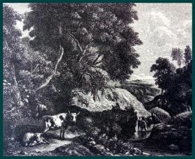 19世纪木刻版画《风景画：渡溪》（THE RIVULET）-- 出自17世纪著名佛莱芒风景画家，科内利斯·惠斯曼斯（Cornelius Huysman，1648-1727）的油画作品 -- 后附卡纸30*21厘米，版画纸张16*13厘米