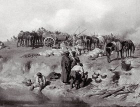 1895年照相凹版版画《俄土战争中的哥萨克营地》（Russisches Bivouak）-- 出自奥地利画家，August Xaver Carl von Pettenkofen（1822–1889）的绘画作品 -- 奥地利维也纳艺术画廊出版 -- 版画21.5*17.5厘米，手工裱粘，纸张尺寸34*25厘米