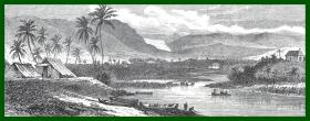 19世纪木刻版画《风景画：留尼旺岛的田园风光，圣莱乌河畔的田园村落》（Embouchure de la riviere de Saint-Leu；Saint-Gilles）-- 后附卡纸30*21厘米，版画纸张17*8、17*8厘米