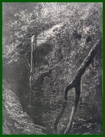 19世纪木刻版画《风景画：亚马逊河的溪流与灌木丛》（Buissons et crique（ruisseau））-- 后附卡纸30*21厘米，版画纸张18*14厘米