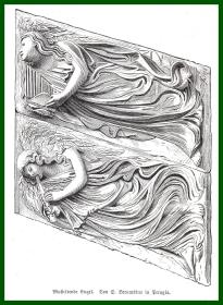 19世纪木刻版画《建筑景观：佩鲁贾的圣彼得教堂门廊浮雕（音乐天使）》（Musicirende Engel）-- 圣彼得教堂是佩鲁贾保存最完好也是最美丽的教堂。它的历史可以回溯到公元十世纪 -- 后附卡纸30*22厘米，版画纸张14*10.5厘米