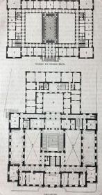 19世纪木刻版画（两幅合拍）《巴洛克建筑景观：维也纳大学--化学实验室，与建筑平面图》（Sgraffito Dekoration aus dem Hofe des chemischen Laboratoriums in Wien）-- 维也纳大学由鲁道夫四世成立于1365年，是奥地利第一所大学及最高学府，也是德语世界最古老的大学 -- 后附卡纸30*21厘米，版画纸张20*13、20*11厘米