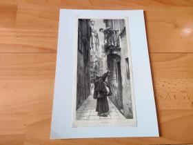 19世纪木刻版画《风景画：“水城”威尼斯的中世纪古巷》（UNE LISTA）-- 后附卡纸30*21厘米，版画纸张26*13厘米