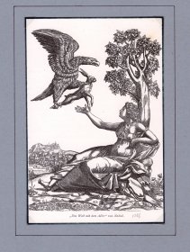 1886年木刻版画《希腊神话：狩猎女神与鵟鹰》（Das Weib mit dem Adler） -- 阿尔忒弥斯是古希腊神话中的狩猎女神，被称为“野兽的女主人与荒野的领主”，奥林匹斯十二主神之一；鹰是受许多神喜欢的鸟，被视为神圣的女神阿尔忒弥斯的圣动物 -- 维也纳艺术画廊出版 -- 版画19*13厘米，手工裱粘，纸张尺寸34*25厘米