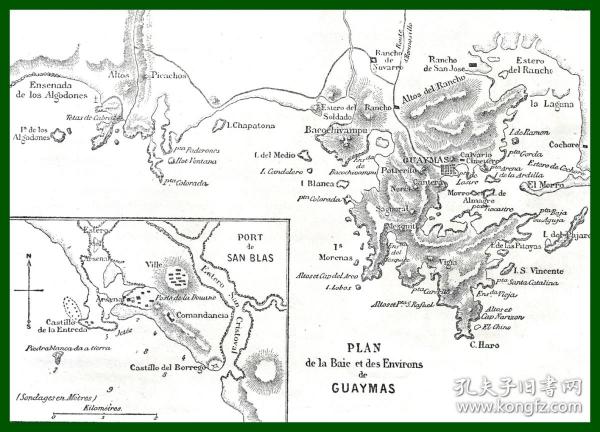 19世纪木刻雕刻地图《加利福尼亚湾与瓜伊马斯港》（PLAN de la Baie et des Environs de GUAYMAS）-- 瓜伊马斯，墨西哥西北部索诺拉州港市，索诺拉州农牧产品的主要出口港，埃莫西约的外港和工商业中心 -- 后附卡纸30*21厘米，版画纸张17.5*13厘米