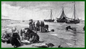 19世纪木刻版画《风景画：鱼市场》（Fish from the Doggerbank）-- 出自英国风景画家，詹姆斯·克拉克·胡克（James Clarke Hook，1819–1907）的绘画作品 -- 后附卡纸30*21厘米，版画纸张18*11厘米