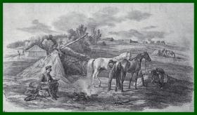 19世纪锌版画《创作中的画家：阿尔布雷希·亚当的军营写生》（Albrecht Adam im Biwak zeichnend）-- 阿尔布雷希特·亚当（Albrecht Adam，1786-1862），以描绘战场和马闻名的的国画家  -- 后附卡纸30*21厘米，版画纸张19.5*13厘米