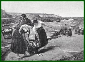 19世纪木刻版画《风景画：海边的渔民》（Caller Herrin）-- 出自英国风景画家，詹姆斯·克拉克·胡克（James Clarke Hook，1819–1907）的绘画作品 -- 后附卡纸30*21厘米，版画纸张19*14厘米