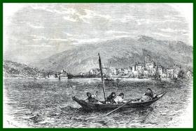 19世纪木刻版画《风景画（两幅）：达尔马提亚的夸内罗湾与切尔索港，克罗地亚》（Iles du golfe du Quarnero：Le port de Cherso）-- 后附卡纸30*21厘米，版画纸张14*10、13*9厘米
