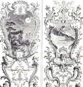 1877年木刻版画《木雕墙饰图案设计》（PANNEAUX DECORATIFS）-- 出自18世纪法国画家、建筑师，Francois de Cuvillies the Elder（1695–1768）的设计作品；雕刻师C.A.DE LESPILLIEZ -- 《法国艺术精选》-- 版画纸张43*30厘米