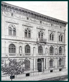 19世纪木刻版画《德国新古典主义建筑瑰宝：迈世勒银行总部大楼（德国最古老的迈世勒家族银行），德国法兰克福》（Die Meininger Bank）-- 德国迈世勒银行是1674年成立的，银行创始人本雅明·迈世勒1674年在法兰克福成立了布料商行；17世纪末法兰克福做为欧洲重要贸易中心，本雅明·迈世勒逐渐涉足货币和汇票业务 -- 后附卡纸30*21厘米，版画纸张17*15.5厘米