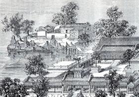 【G501】1864年木刻版画《北京圆明园胜景之：蓬岛瑶台（蓬莱洲）》（Palais d'ete：Le palais des Genies et des Pierres precieuses）-- 蓬岛瑶台是圆明园四十景之一；建于1725年（雍正三年）前后，时称蓬莱洲，乾隆初年定名蓬岛瑶台；在福海中央作方丈、蓬莱、瀛洲大小三岛，岛上建筑为仙山楼阁之状 -- 版画纸张29.5*21厘米