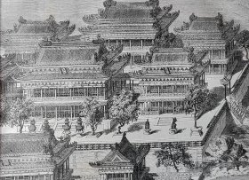 【G579】1864年巨幅木刻版画《北京圆明园胜景之：“方壶胜境”全景图》（Palais d'ete：Fang-hou-ching-king）-- 方壶胜境圆明园四十景之一，基本建成于乾隆三年（公元1738年），位于福海东北岸湾内，四宜书屋之东，涵虚朗鉴之北；是后代众多学者考证后公认的圆明园中最为宏伟美丽的建筑，是以人们想象中的仙山楼阁为题材而建造的 -- 版画纸张43*29.5厘米