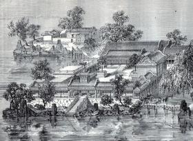 【G501】1864年木刻版画《北京圆明园胜景之：蓬岛瑶台（蓬莱洲）》（Palais d'ete：Le palais des Genies et des Pierres precieuses）-- 蓬岛瑶台是圆明园四十景之一；建于1725年（雍正三年）前后，时称蓬莱洲，乾隆初年定名蓬岛瑶台；在福海中央作方丈、蓬莱、瀛洲大小三岛，岛上建筑为仙山楼阁之状 -- 版画纸张29.5*21厘米