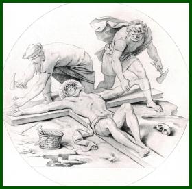 1891年照相凹版版画《受难：被钉十_字架》（AUS SCHWIND'S REICHENHALLER PASSION）-- 出自著名奥地利浪漫主义画家，莫里兹·冯·施温德（Moritz Von Schwind，1804-1871）的绘画作品 -- 奥地利维也纳艺术画廊出版 -- 版画纸张38.5*29厘米