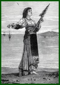 19世纪木刻版画《第勒尼安海畔的纺纱少女，意大利坎帕尼亚大区萨勒尔诺》（JEUNE FILLE DES MONTAGNES DE SALERNE）-- 后附卡纸30*21厘米，版画纸张20*13厘米