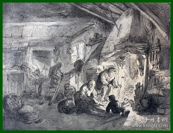 19世纪锌版画《天伦之乐》（Bauernfamilie）-- 出自17世纪著名荷兰风俗画家，阿德里安·凡·奥斯塔德（Adriaen van Ostade，1610-1685）的绘画作品 -- 维也纳艺术画廊出版 -- 后附卡纸30*21厘米，版画纸张20*16厘米