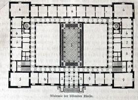 19世纪木刻版画（两幅合拍）《巴洛克建筑景观：维也纳大学--化学实验室，与建筑平面图》（Sgraffito Dekoration aus dem Hofe des chemischen Laboratoriums in Wien）-- 维也纳大学由鲁道夫四世成立于1365年，是奥地利第一所大学及最高学府，也是德语世界最古老的大学 -- 后附卡纸30*21厘米，版画纸张20*13、20*11厘米