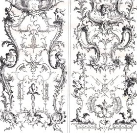 1877年木刻版画《木雕墙饰图案设计》（PANNEAUX DECORATIFS）-- 出自18世纪法国画家、建筑师，Francois de Cuvillies the Elder（1695–1768）的设计作品；雕刻师C.A.DE LESPILLIEZ -- 《法国艺术精选》-- 版画纸张43*30厘米