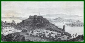 19世纪木刻版画《风景画（两幅）：1.克罗地亚斯卡多纳--克尔卡瀑布；2. 亚得里亚海东岸的悬崖古城--希贝尼克与乔瓦尼要塞》（Les chutes de la Kerka，Scardona；Sebenico：Le fort de Giovanni）-- 希贝尼克就是克罗地亚南部亚德里亚海岸的一颗明珠，是一座建在山坡悬崖上的石头城 -- 后附卡纸30*21厘米，版画纸张17*10、17*10厘米