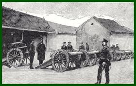 【G379】1903年书页木刻《庚子事变：德国海军陆战队展示战利品（从中国军队缴获的火炮）》（Eroberte chinesische Kanonen in deutschem Besitz）-- 后附卡纸30*21厘米，版画纸张10.5*7.5厘米